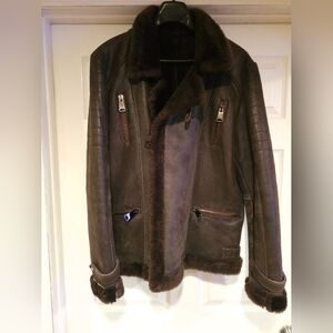 Men's 100% Sheepskin Brown Shearling Leather Jacket Aviator Large